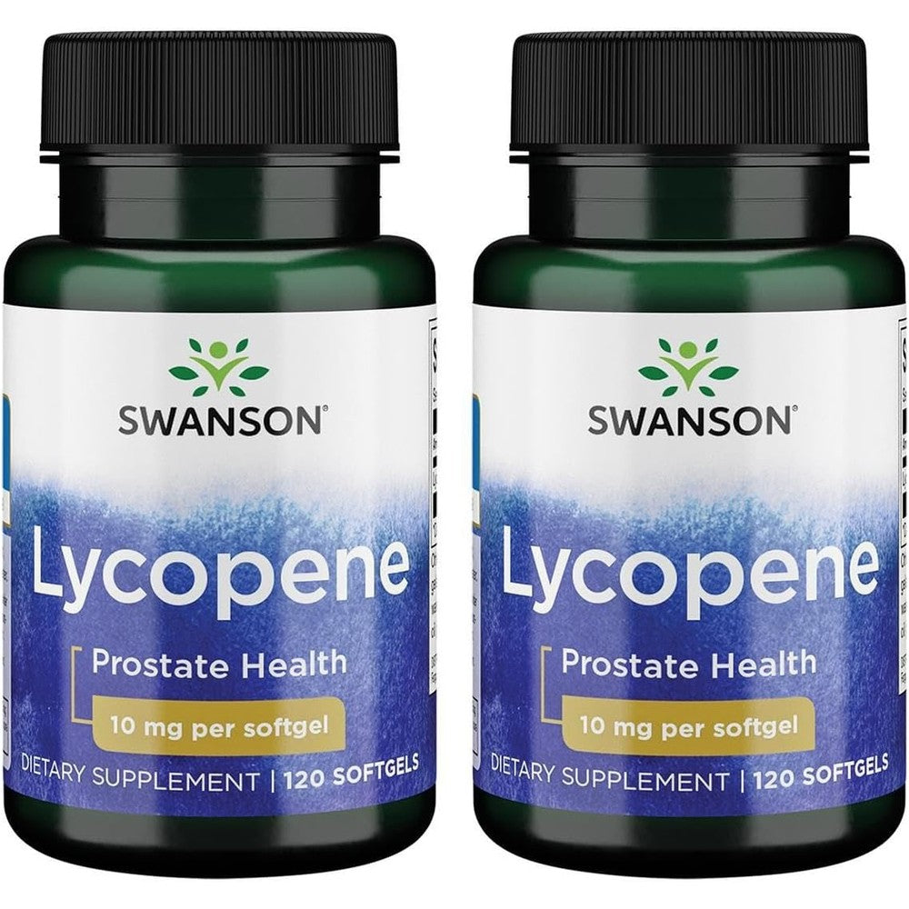 Swanson Vitamins Lycopene 10 Milligrams two pack front view showing green bottles with black caps