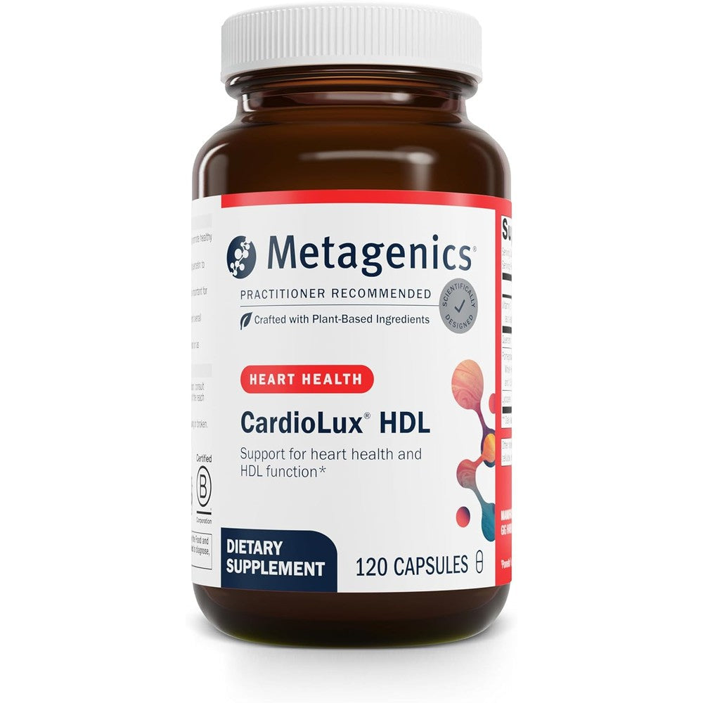 Metagenics CardioLux HDL 120 capsules front bottle view showing heart health supplement labeling.