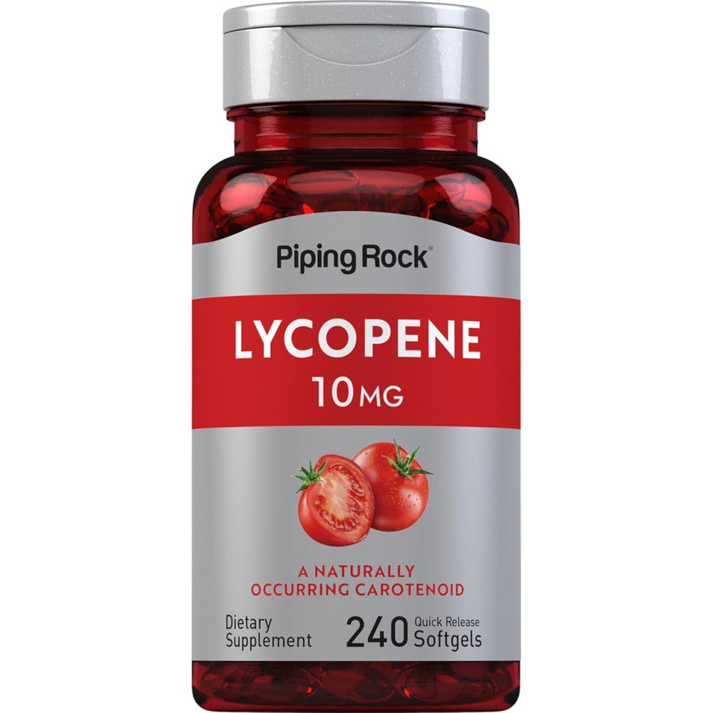 Piping Rock Lycopene 10mg front view bottle packaging with tomato graphics