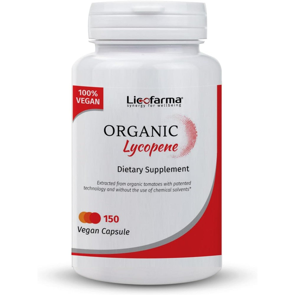 Licofarma Organic Lycopene 150 capsule pack front view showing the organic tomato antioxidant supplement label.