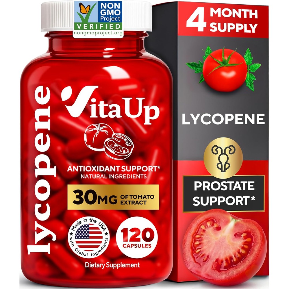 VitaUp Lycopene supplements for men front view bottle showcasing the 120 capsules label for antioxidant support.