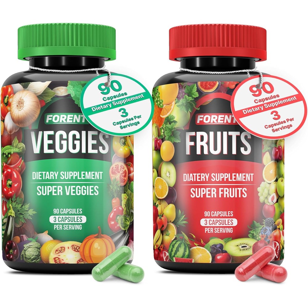 Superior Formulas LLC Forent Fruits and Veggies Supplement front view showing red cap whole food capsules.