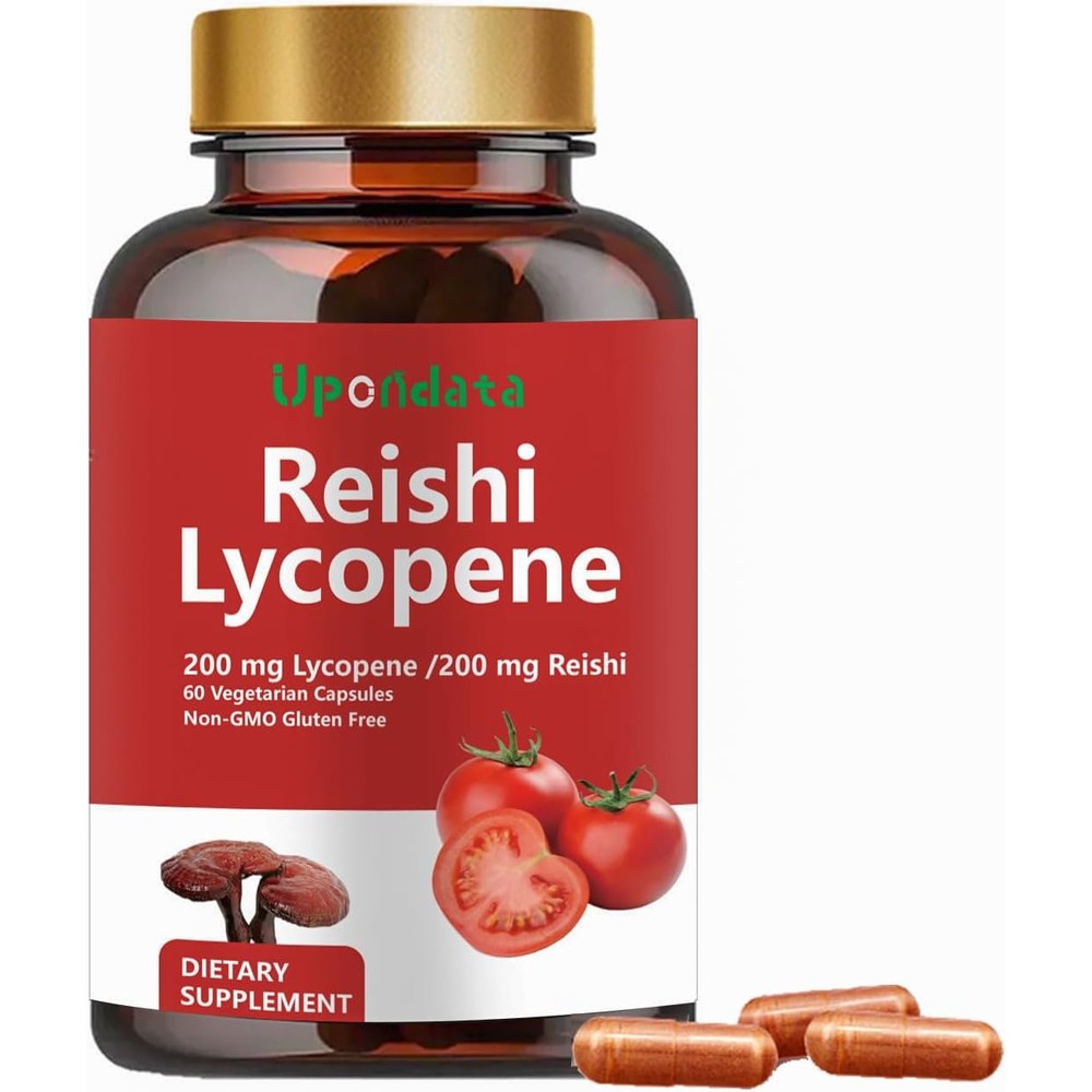 GANOHERB Lycopene 200mg and Organic Reishi Mushroom supplement bottle front view for prostate health.