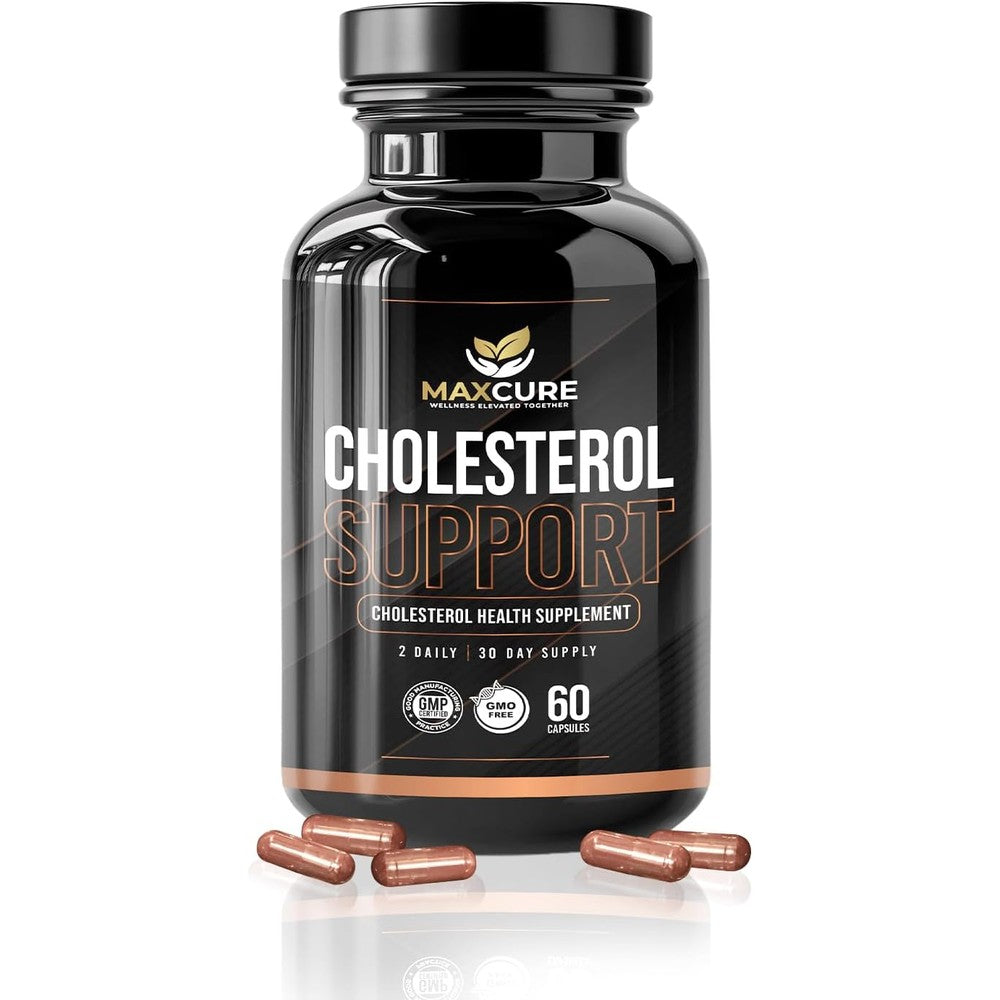MAXCURE Cholesterol Support front view showing the 60 capsules bottle label for heart health.