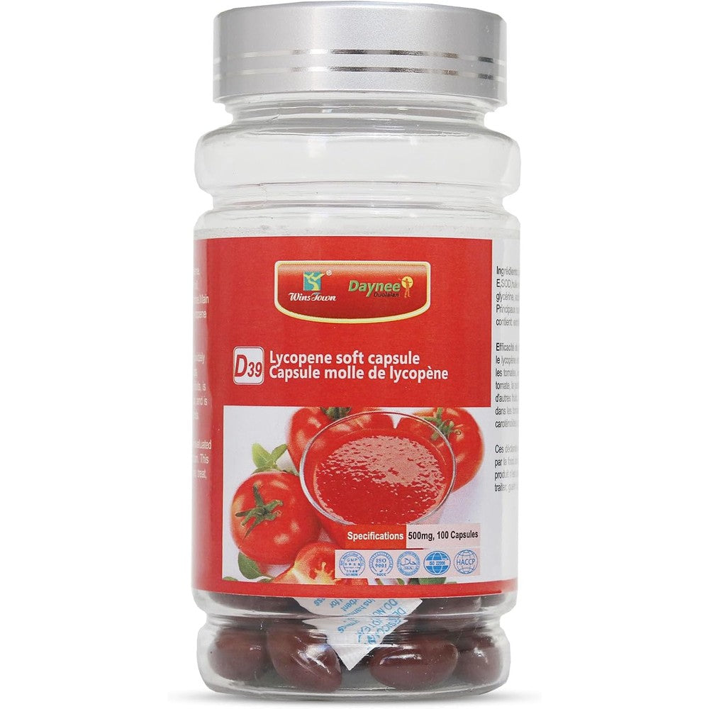 Wins Town Lycopene Softgel Capsules bottle front view showing product labels and tomato imagery.