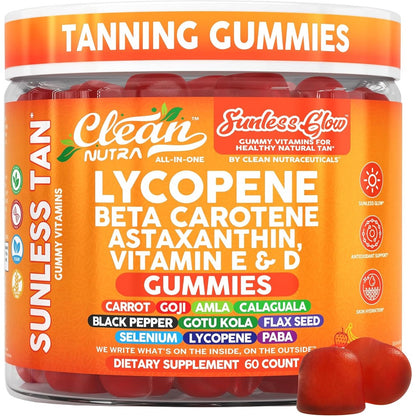 Sunless tanning gummies with beta carotene and lycopene for a natural golden glow.