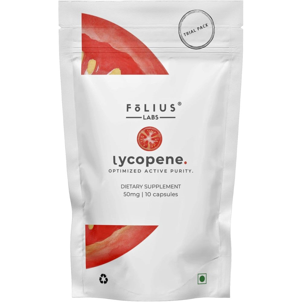 Folius Labs Lycopene 50mg trial pack bottle front view showcasing natural tomato extract antioxidant capsules.