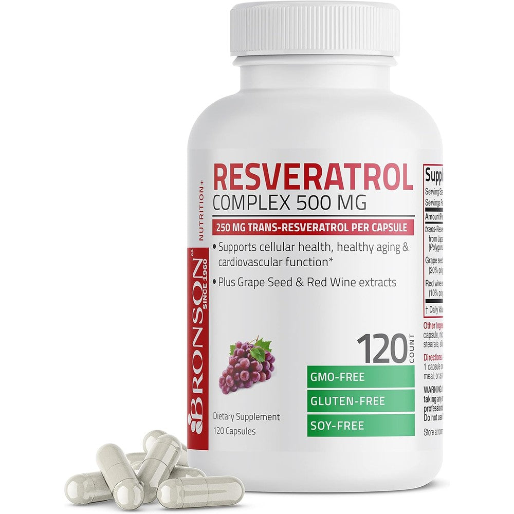 Bronson Resveratrol 500 Complex bottle with 120 antioxidant capsules