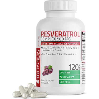 Bronson Resveratrol 500 Complex bottle with 120 antioxidant capsules