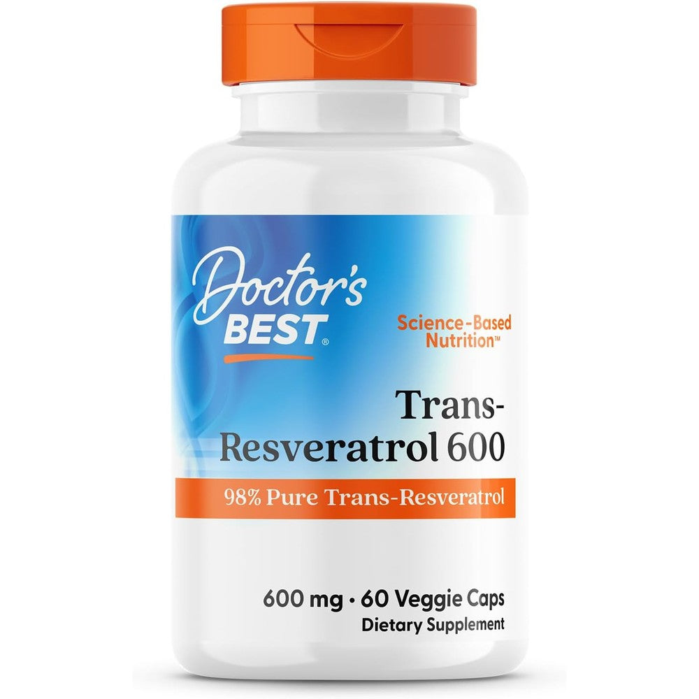 Doctor's Best Trans-Resveratrol 600 Milligrams front view bottle showing premium antioxidant supplement details.