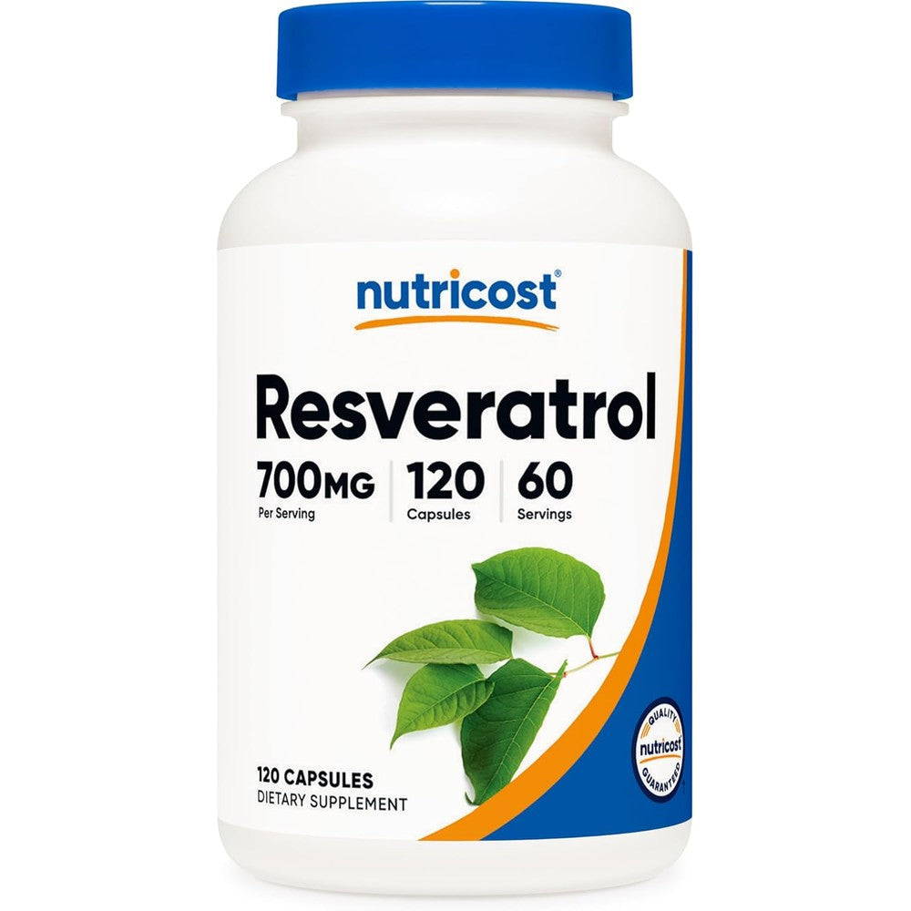 Nutricost Resveratrol 700 Milligrams 120 Capsules front view bottle packaging