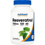 Nutricost Resveratrol 700 Milligrams 120 Capsules front view bottle packaging