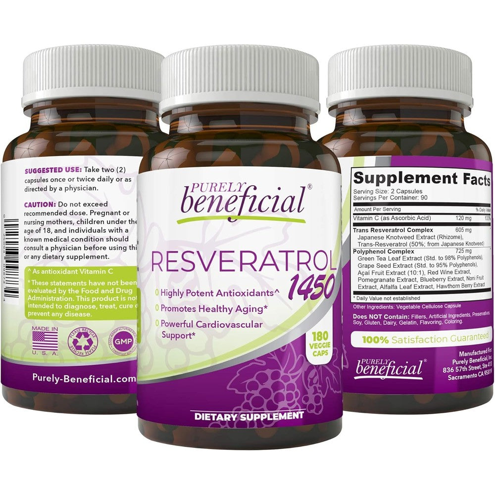 Purely Beneficial Resveratrol 1450 bottle front view for heart health