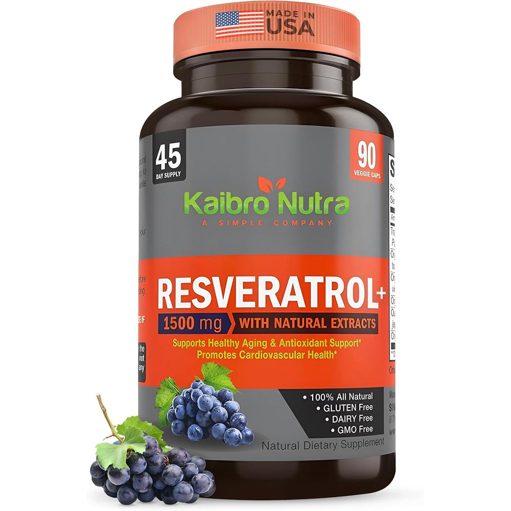 Kaibro Nutra Resveratrol 1500mg supplement bottle front view