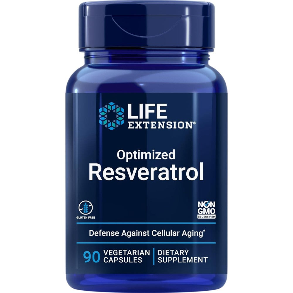 Life Extension Optimized Resveratrol 90 vegetarian capsules front bottle view