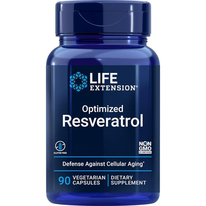 Life Extension Optimized Resveratrol 90 vegetarian capsules front bottle view