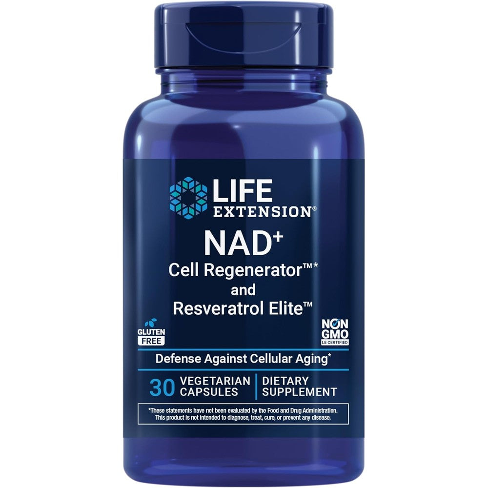 Life Extension NAD+ Cell Regenerator And Resveratrol Elite front view supplement bottle