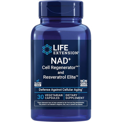 Life Extension NAD+ Cell Regenerator and Resveratrol Elite bottle front view