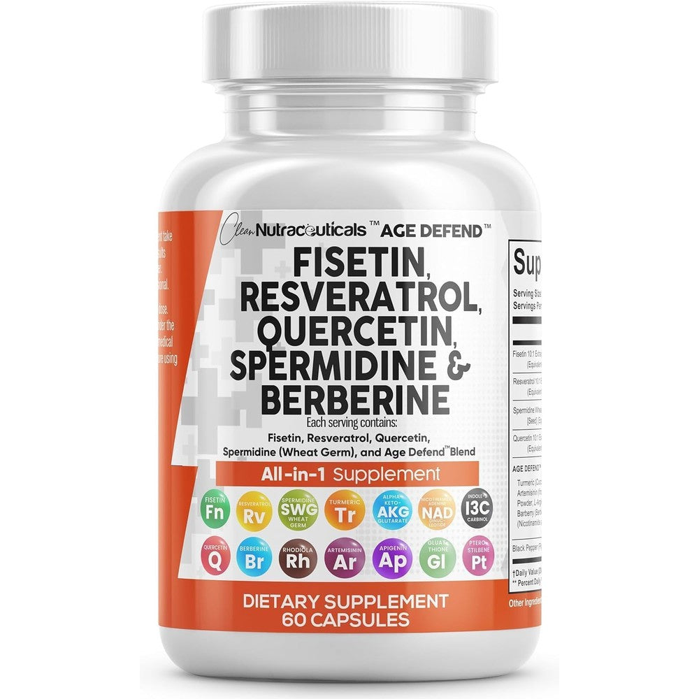 Clean Nutraceuticals Age Defend 60 capsules front view of the bottle showing longevity formula ingredients