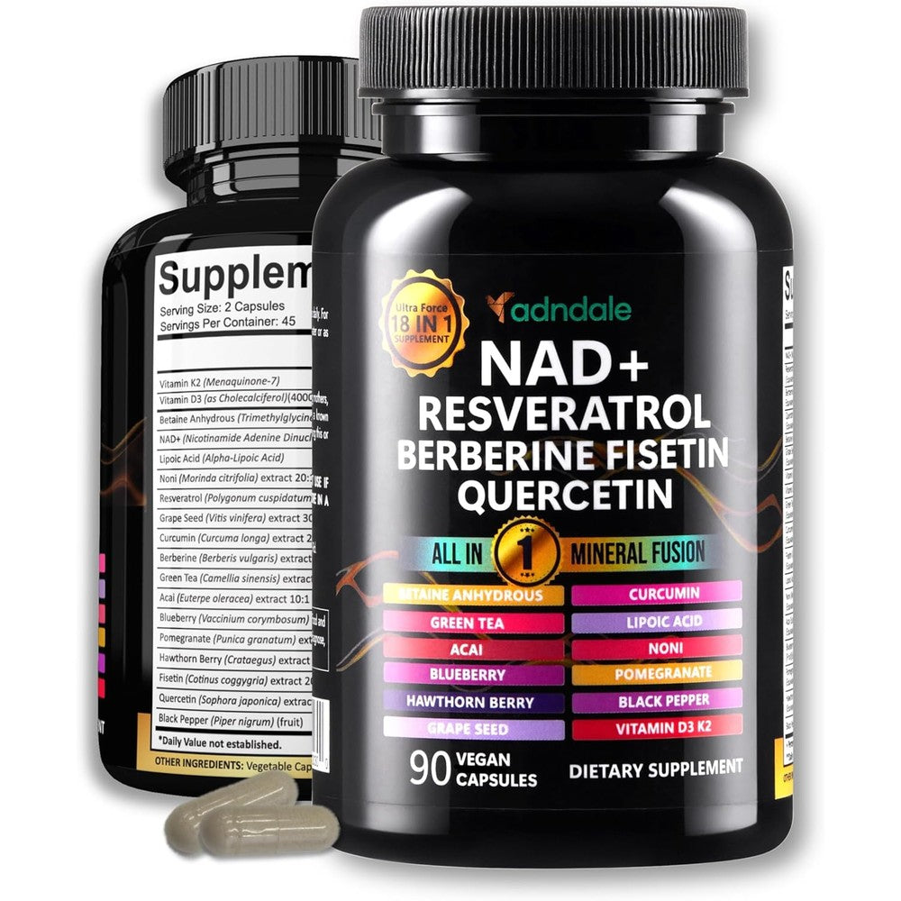 Adndale Liposomal NAD+ Resveratrol 18-in-1 supplement bottle front view