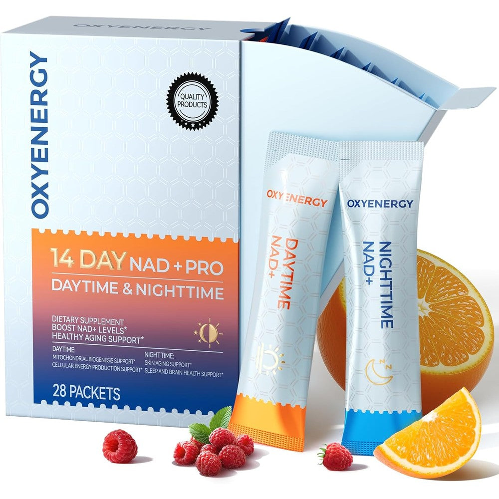 OxyEnergy NAD Supplement 1550mg box front view showing 24-hour cellular renewal formula.