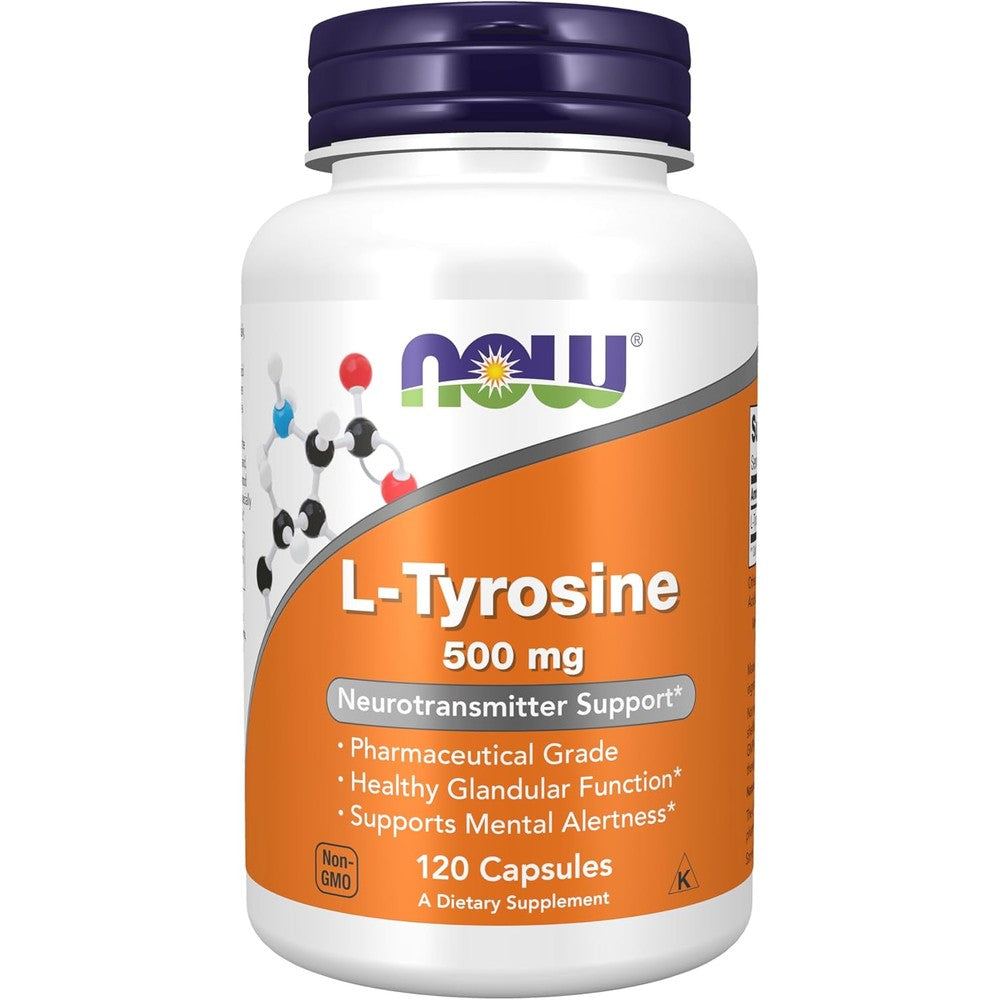 Now Foods L-Tyrosine 500mg 120 Capsules front view bottle for mental alertness