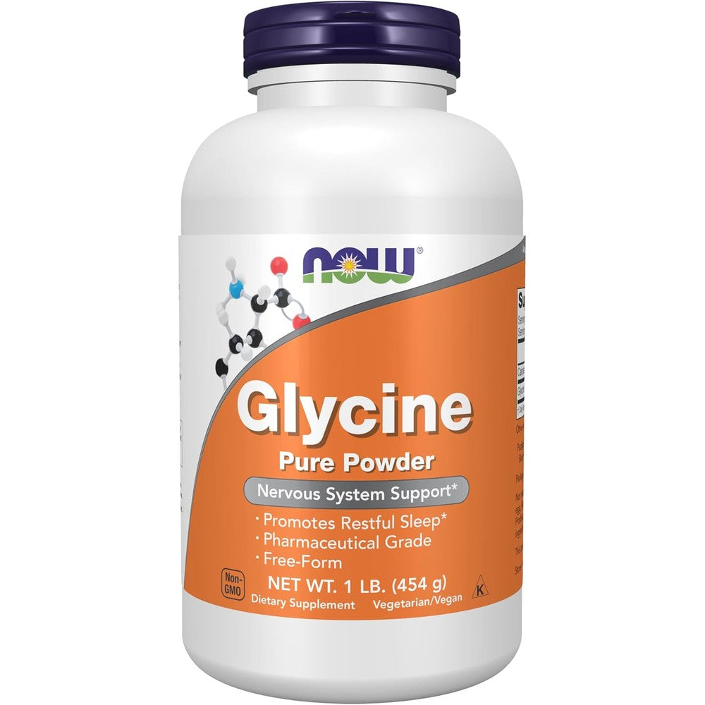 NOW Foods Glycine Pure Powder front view bottle for restful sleep support