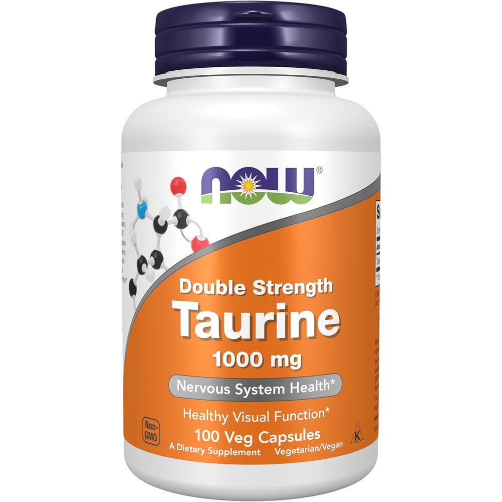 NOW Foods Taurine Double Strength 1,000 mg front view bottle for nervous system health.