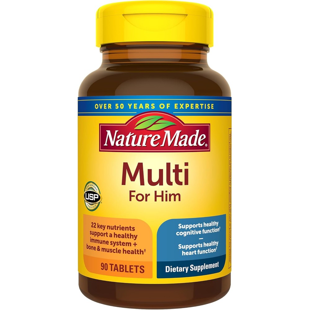 Dista-USA Nature Made Multivitamin For Him front view bottle and supplement packaging.