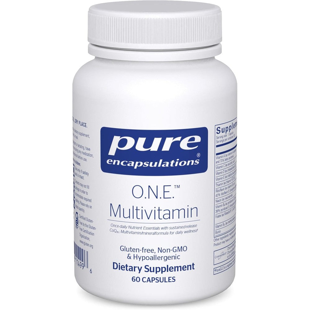 Pure Encapsulations O.N.E. Multivitamin front bottle view with capsule count and key ingredients.