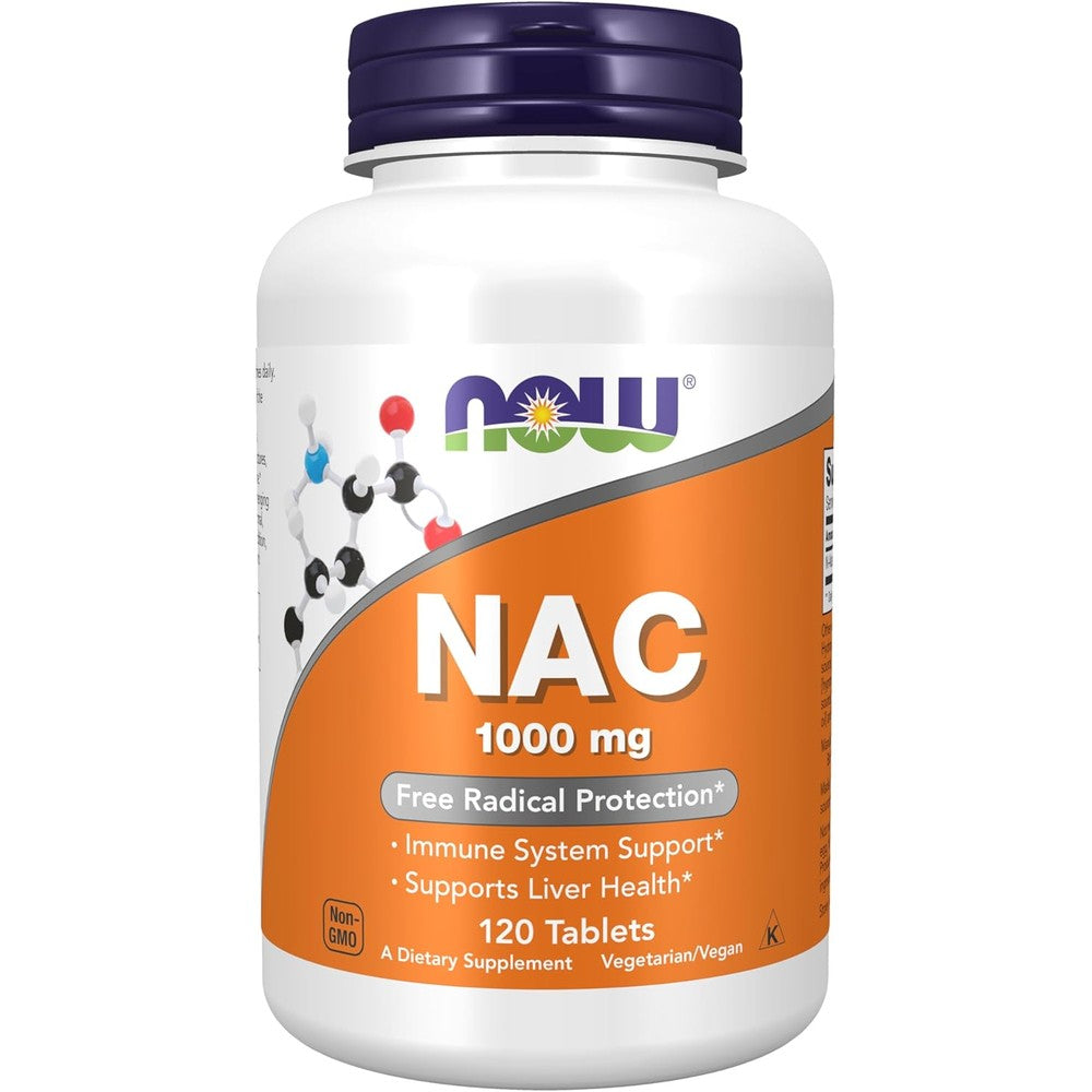 NOW Foods NAC 1000mg 120 Tablets front view bottle for premium antioxidant support
