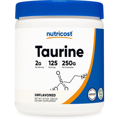 Nutricost Taurine Powder front view of 250 grams container for heart health support