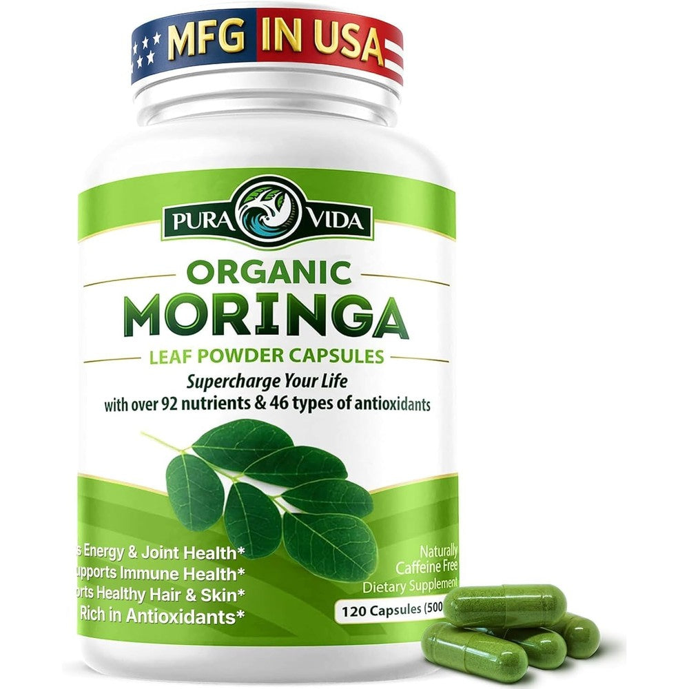 Pura Vida Moringa organic capsules bottle front view