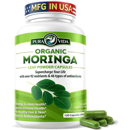 Pura Vida Moringa organic capsules bottle front view