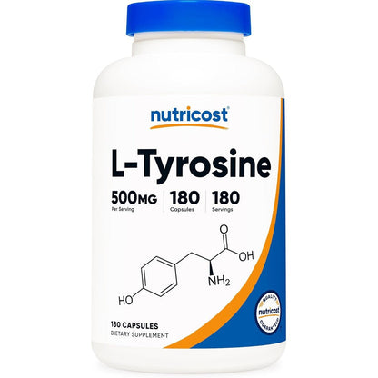 Nutricost L-Tyrosine 500mg 180 Capsules bottle front view