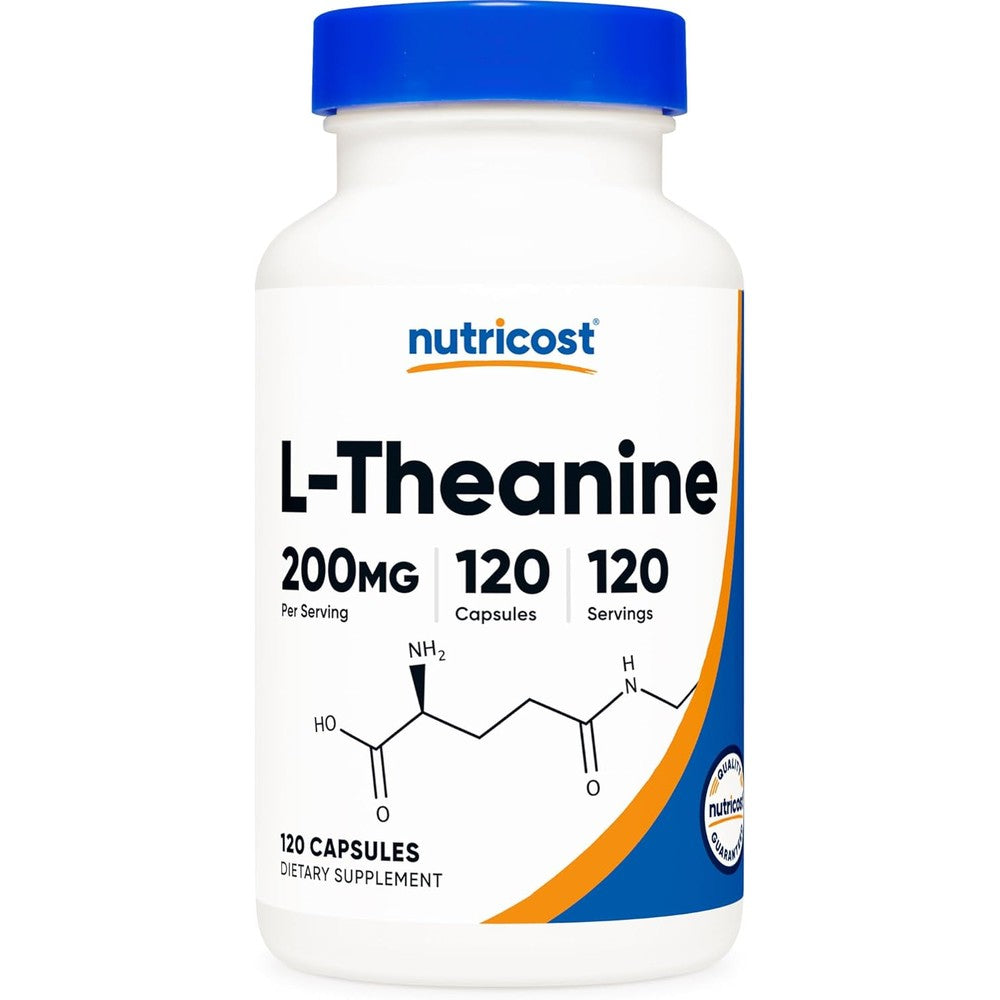 Nutricost L-Theanine 200mg Double Strength 120 Capsules front view bottle for stress relief