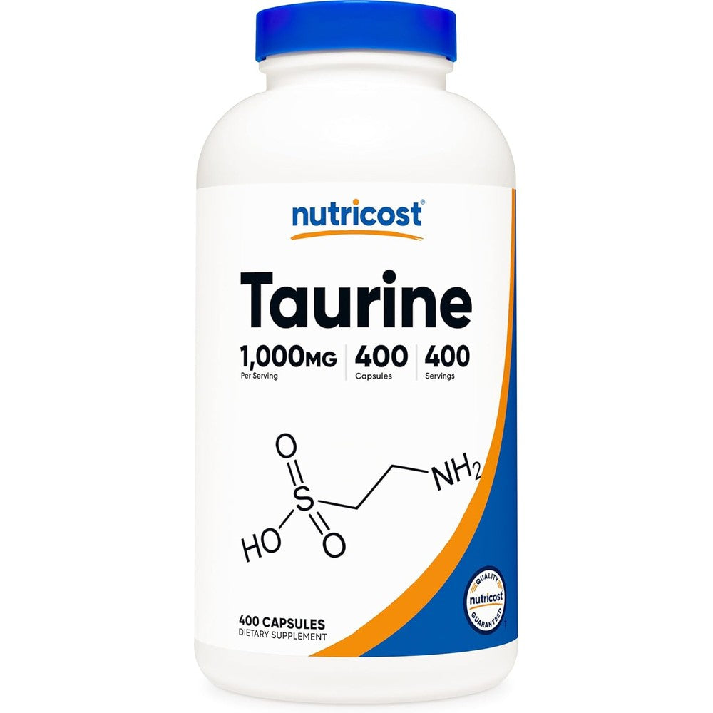 Nutricost Taurine 1000mg 400 capsules front view bottle showing premium amino acid supplement for fitness.