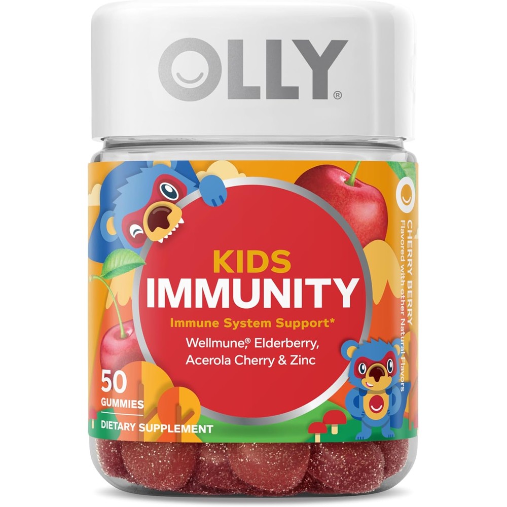OLLY Kids Immunity Gummy bottle front view with cherry berry flavor graphic