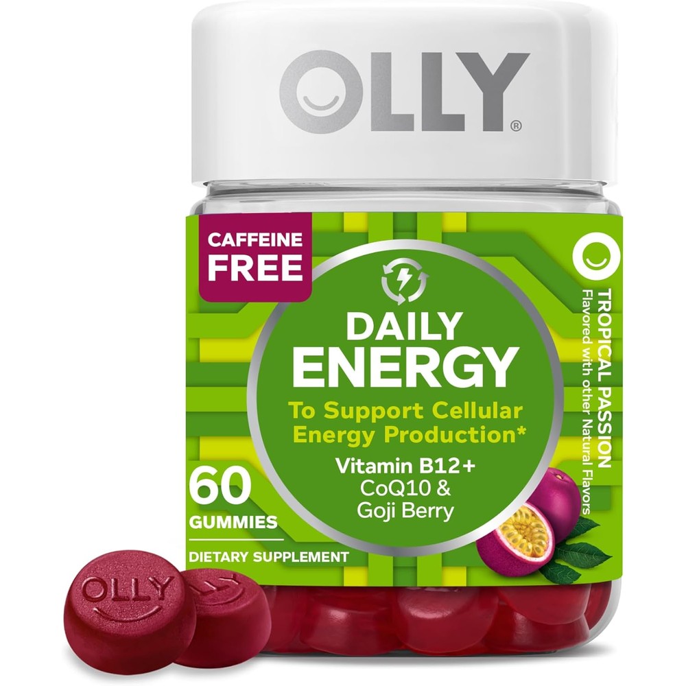 Olly Daily Energy gummy bottle front view with tropical passion flavor label.
