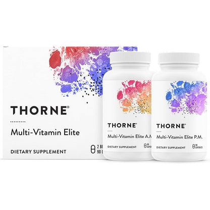 Thorne Multi Vitamin Elite front packaging view showing both AM and PM formula supplement bottles