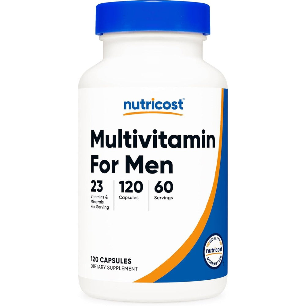 Nutricost Multivitamin for Men 120 capsules front view bottle showing dietary supplement facts for active wellness.