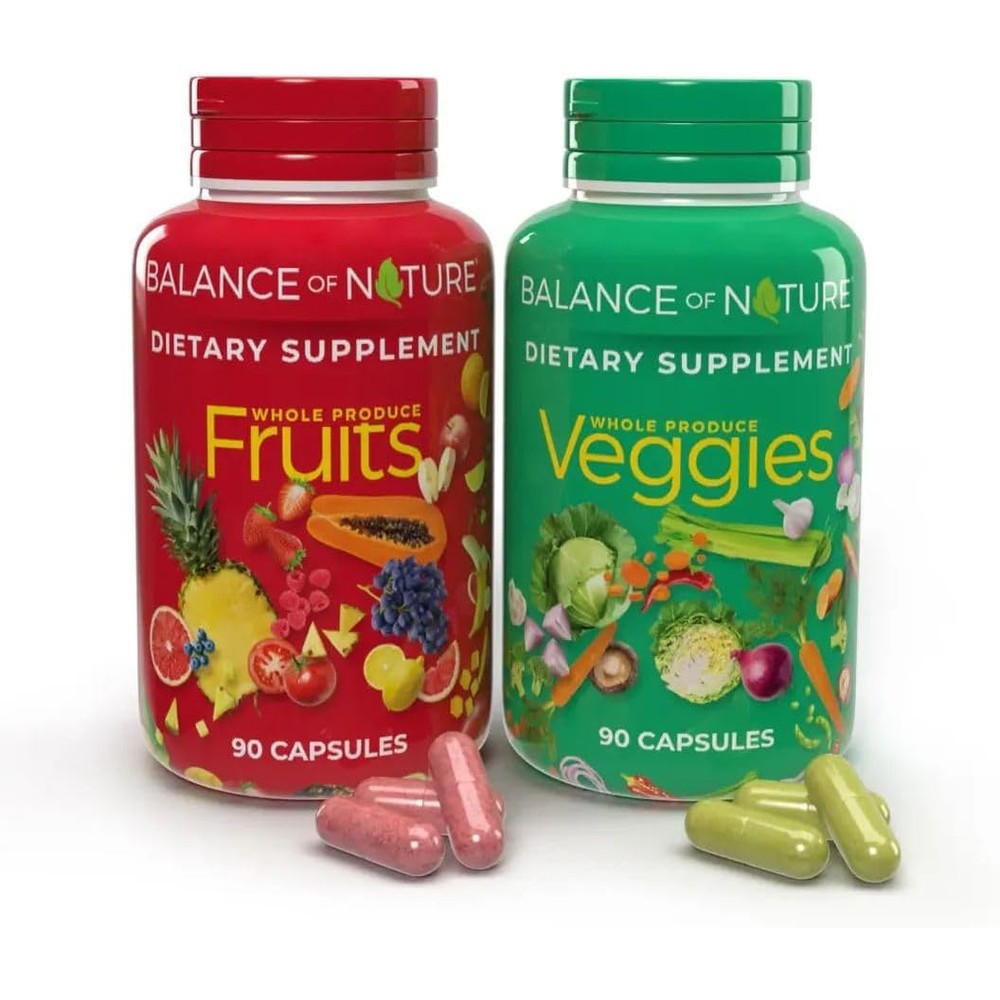 Balance of Nature fruits and veggies supplement set front view bottles