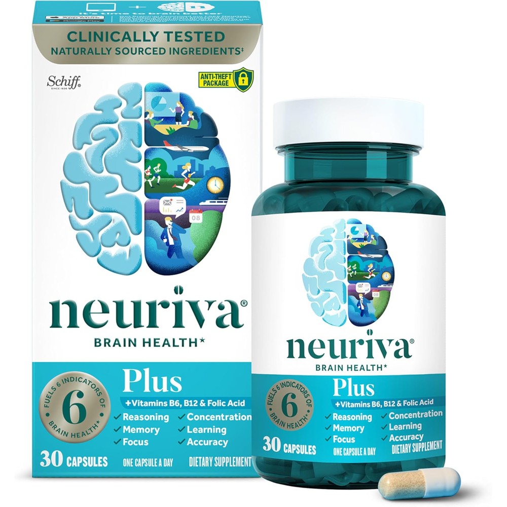Neuriva Plus brain supplement bottle front view showing 30 capsules and key claims