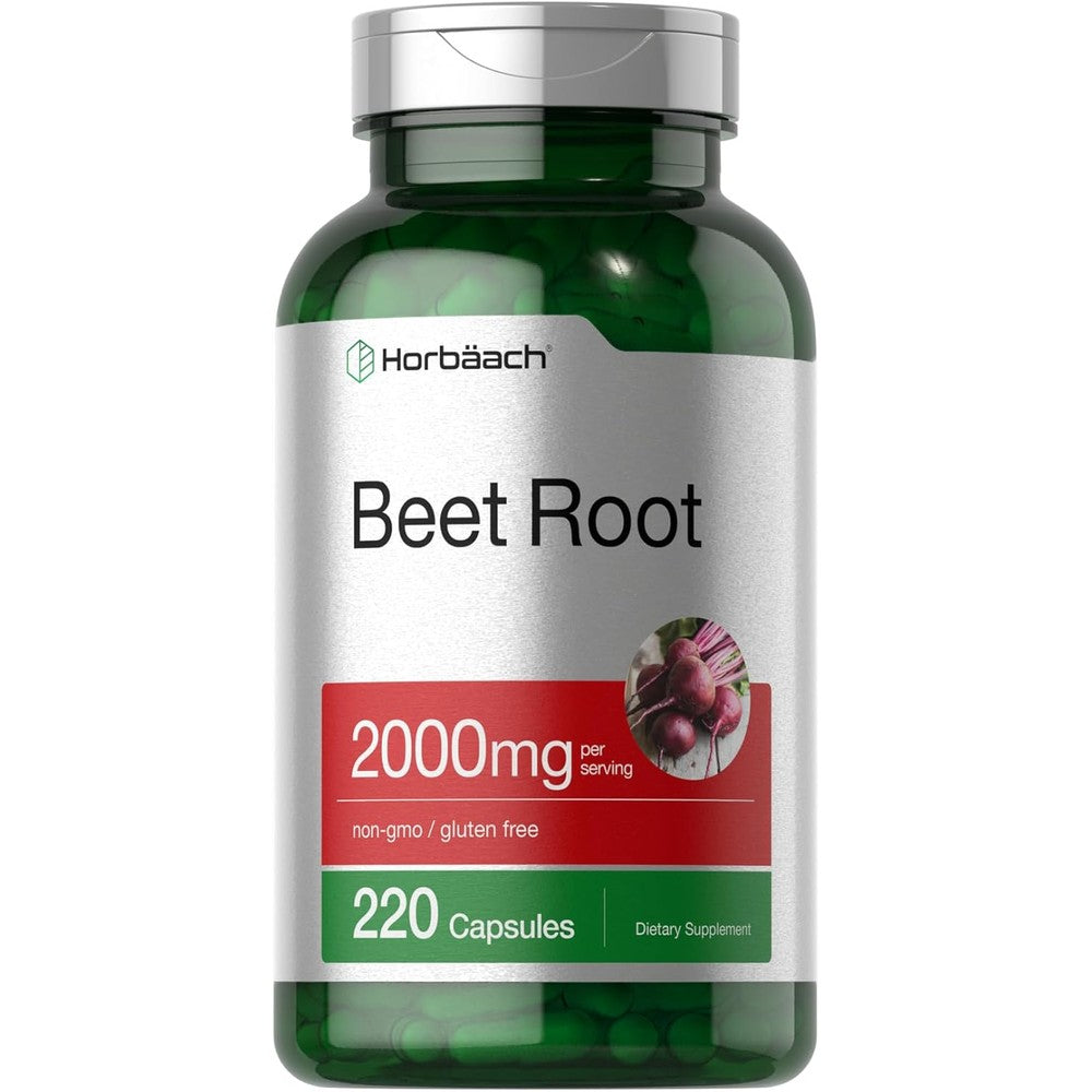 Horbäach beet root powder capsules front view bottle packaging