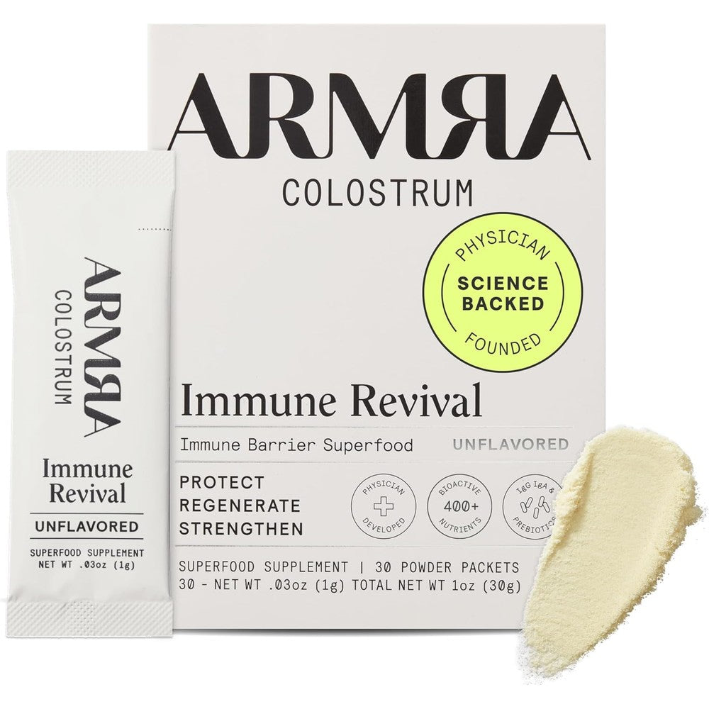 Armra Colostrum powder unflavored box front view with travel sticks