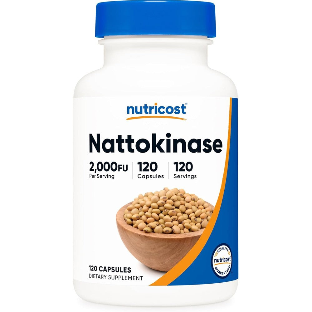 Nutricost Nattokinase 2000FU 120 Capsules front view showcasing dietary supplement bottle label