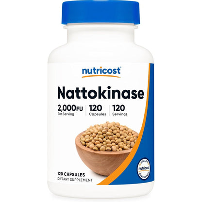 Nutricost Nattokinase 2000FU 120 Capsules front view showcasing dietary supplement bottle label