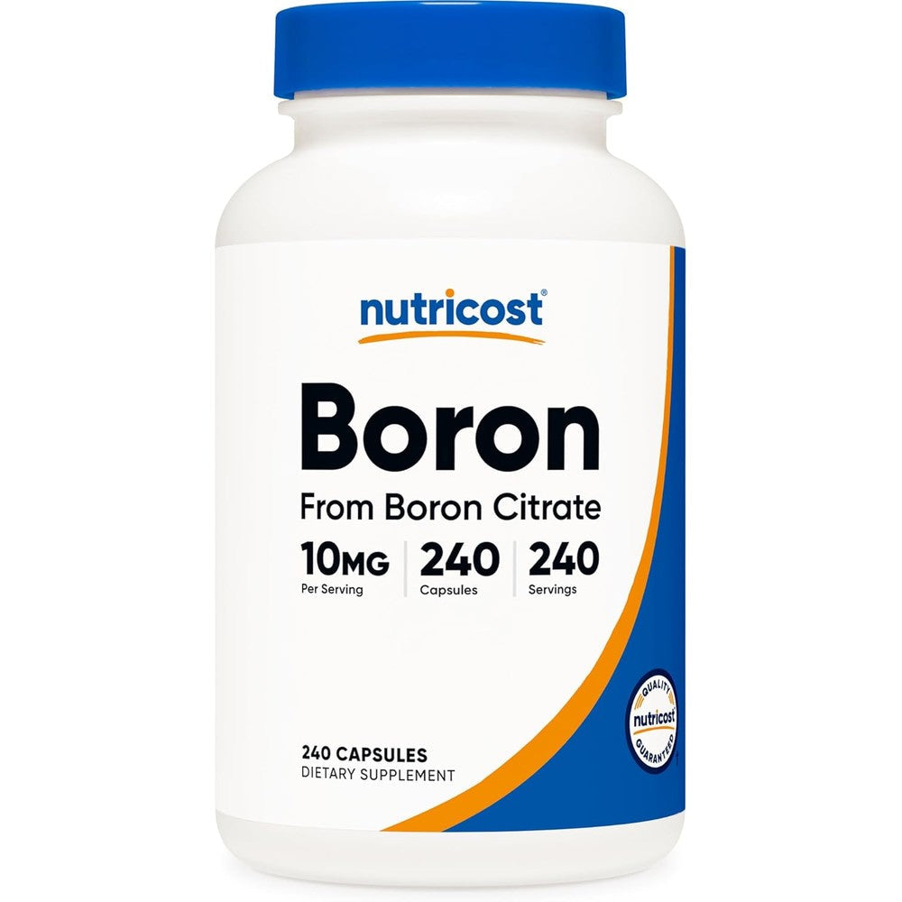 Nutricost Boron 10mg front bottle view of 240 vegetarian capsules imported dietary supplement