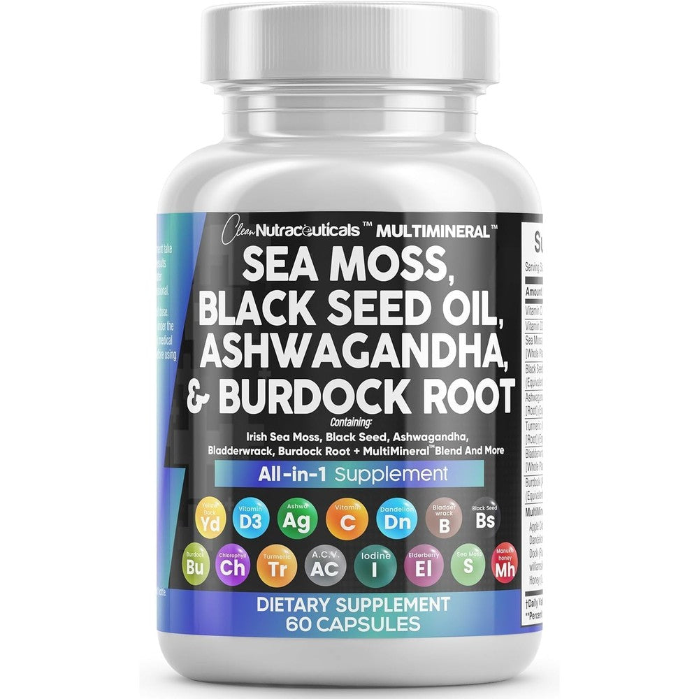 Clean Nutraceuticals Sea Moss and Black Seed Oil capsules front view packaging