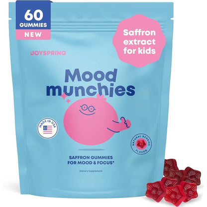 JoySpring Saffron Gummies bottle with 60 sugar free berry flavored mood gummies